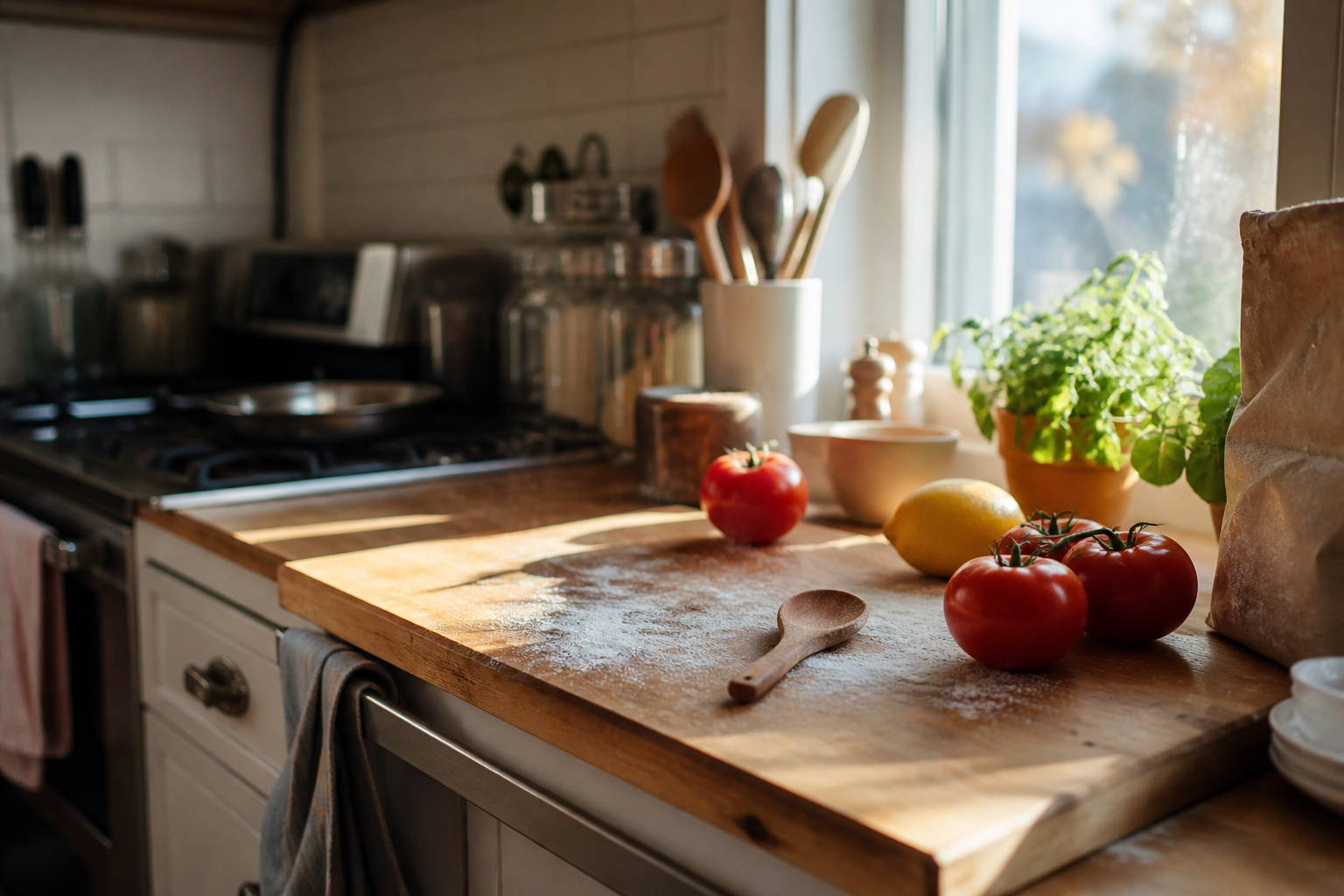 A home kitchen counter with tomatoes, a lemon, and a wooden spoon